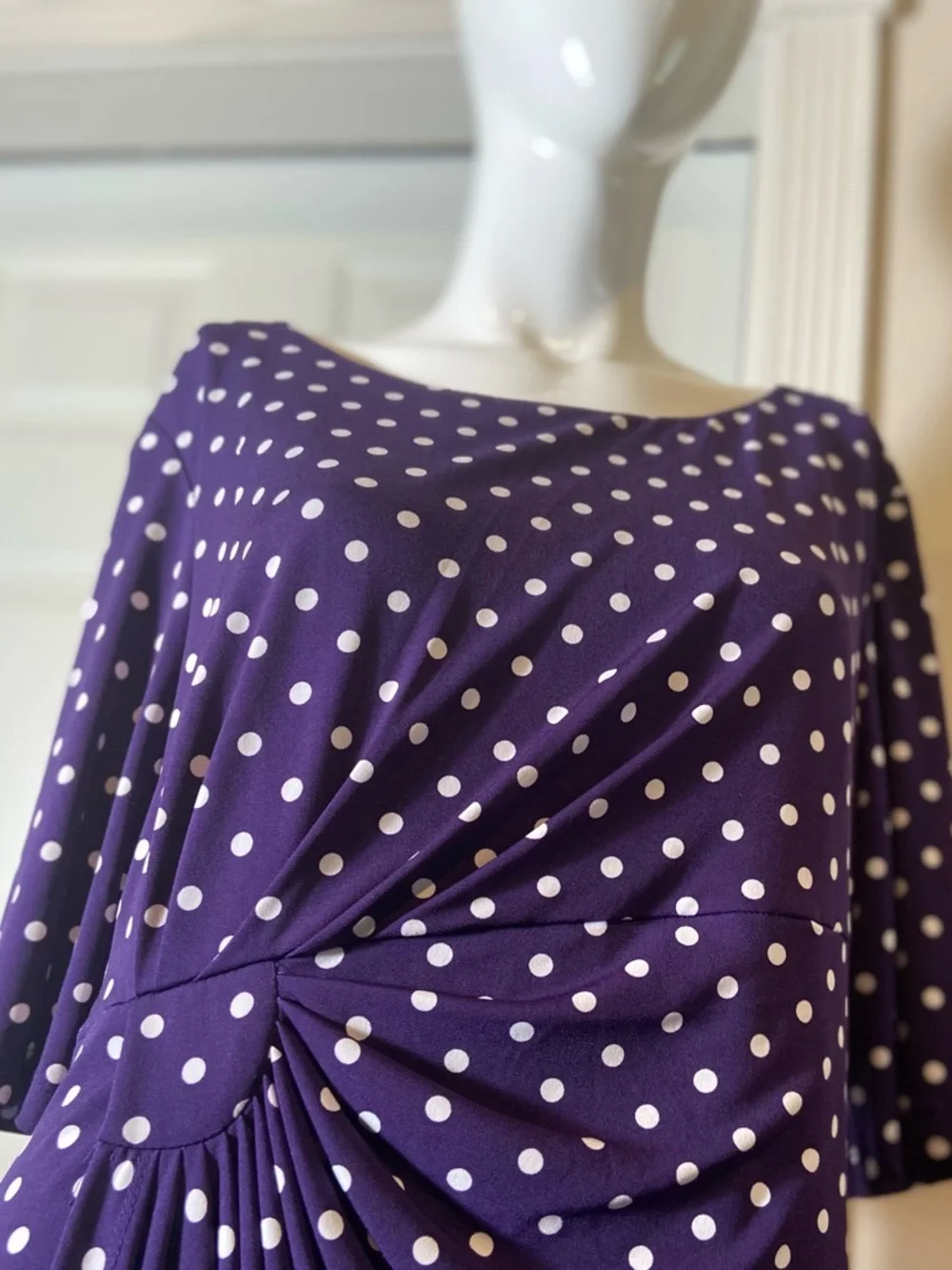 Connected Apparel~Polka Dot~Wrap Dress~Sunburst Side Pleats~1/2 Sleeve~Size 16